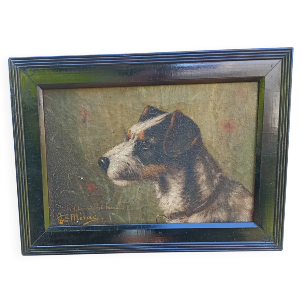 Ancien portrait de chien Fox Terrier à l'huile sur toile signé, vers 1890-1910