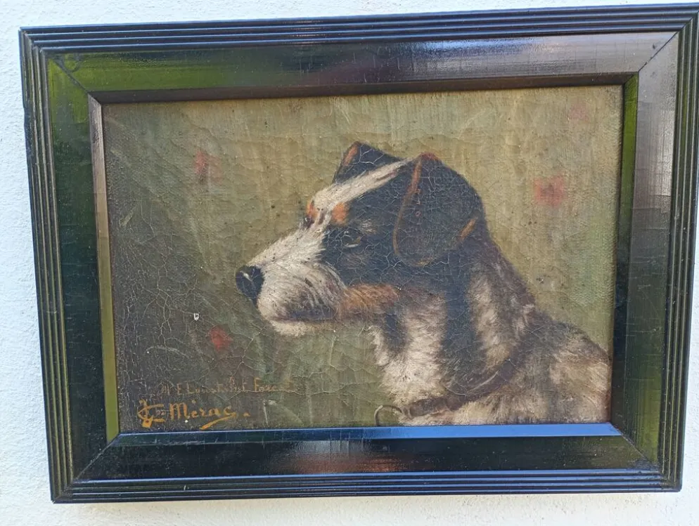 Ancien portrait de chien Fox Terrier à l'huile sur toile signé, vers 1890-1910
