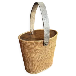 Ancien sac panier en vannerie, bois et cuir, XIXe siècle