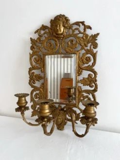 Applique miroir biseauté en bronze doré 3 bougeoirs