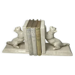 Art déco, paire serre-livres faïence craquelé chats Louvière vers 1930