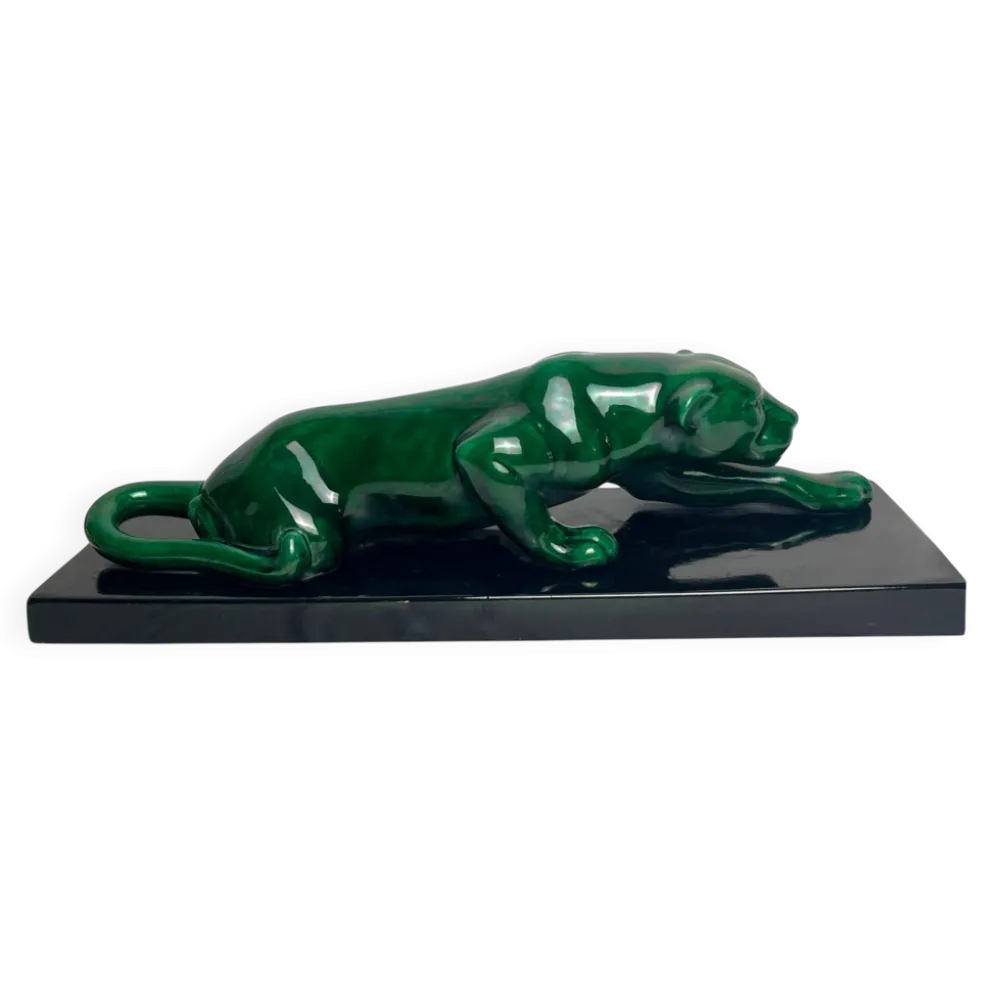 Art déco, sculpture panthère céramique verte vers 1930