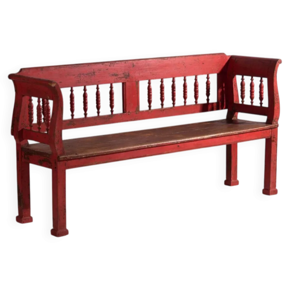 Banc ancien peint rouge en pin à dossier tourné – Europe centrale, vers 1900