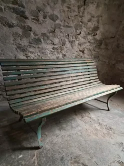 Banc de jardin français en bois et fer, années 1950