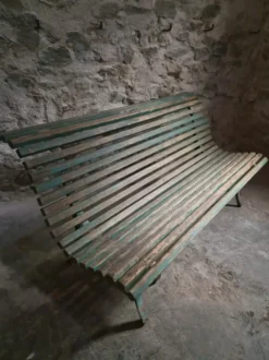 Banc de jardin français en bois et fer, années 1950