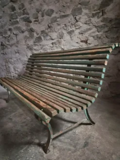 Banc de jardin français en bois et fer, années 1950