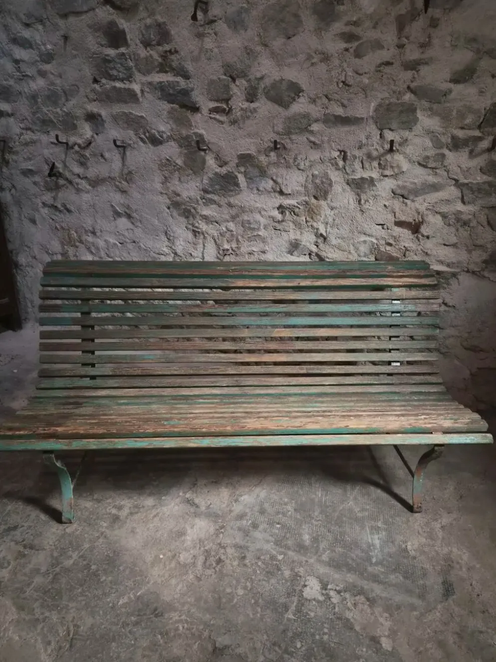 Banc de jardin français en bois et fer, années 1950