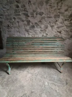 Banc de jardin français en bois et fer, années 1950