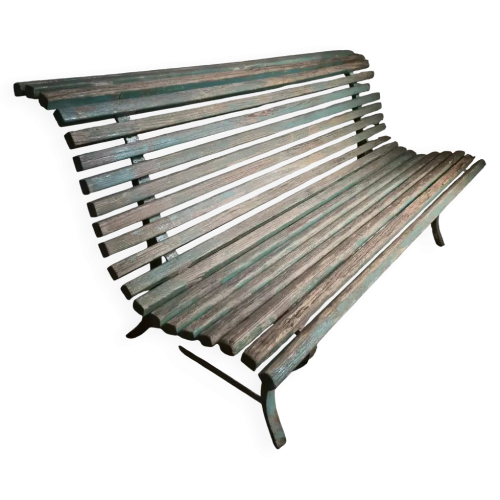 Banc de jardin français en bois et fer, années 1950