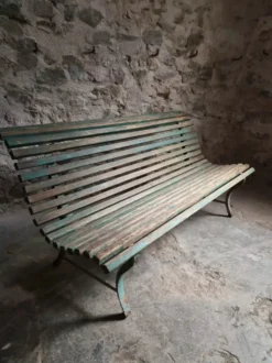 Banc de jardin français en bois et fer, années 1950