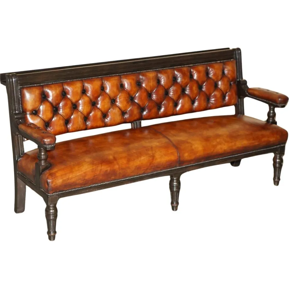 Banc de pub victorien Chesterfield en cuir restauré