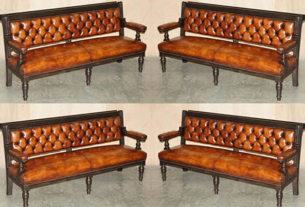 Banc de pub victorien Chesterfield en cuir restauré