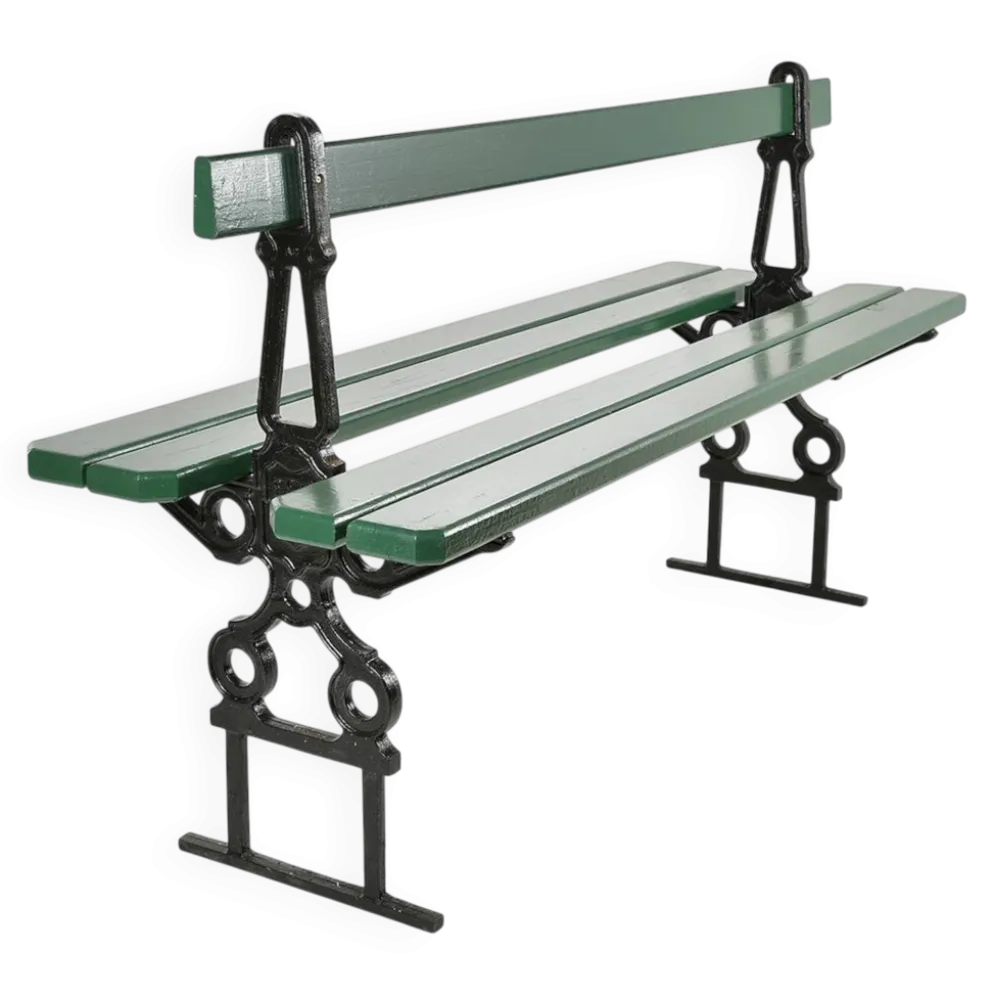 Banc public parisien Davioud en fonte noir et bois vert