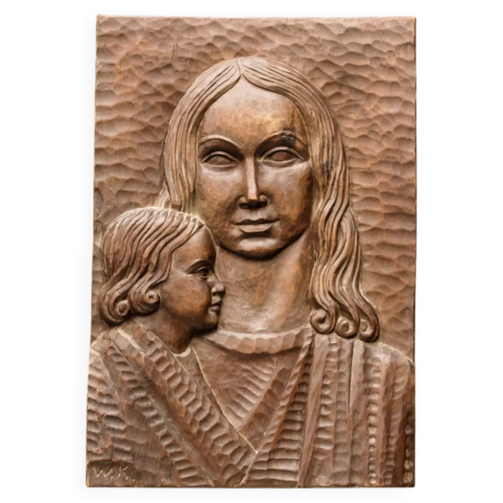 Bas relief moderniste, vierge à l'enfant, bois sculpté, signé