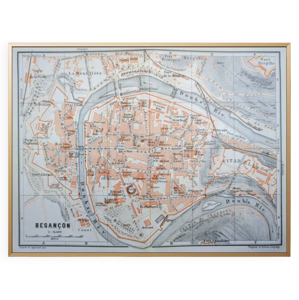 Besançon, Doubs, plan original imprimé en 1908.