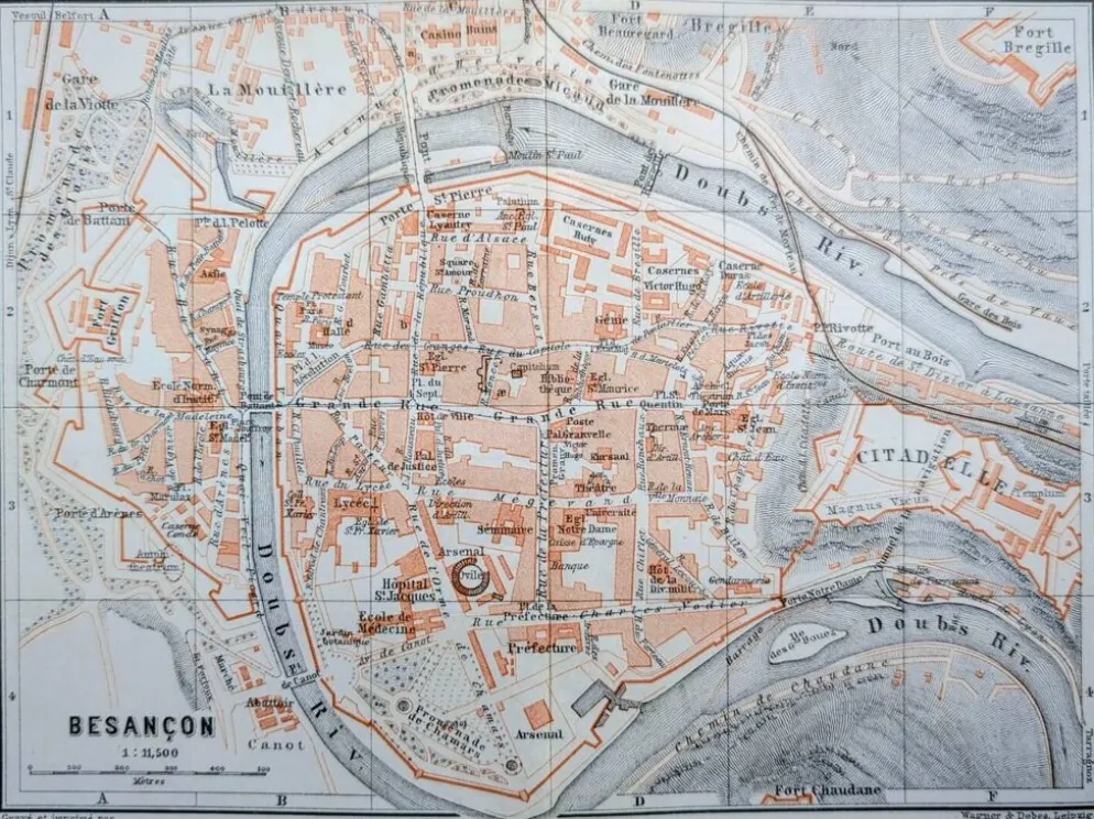 Besançon, Doubs, plan original imprimé en 1908.