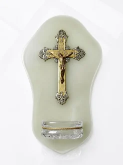 Bénitier mural ancien en onyx vert, crucifix en métal et verre/cristal taillé