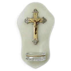 Bénitier mural ancien en onyx vert, crucifix en métal et verre/cristal taillé