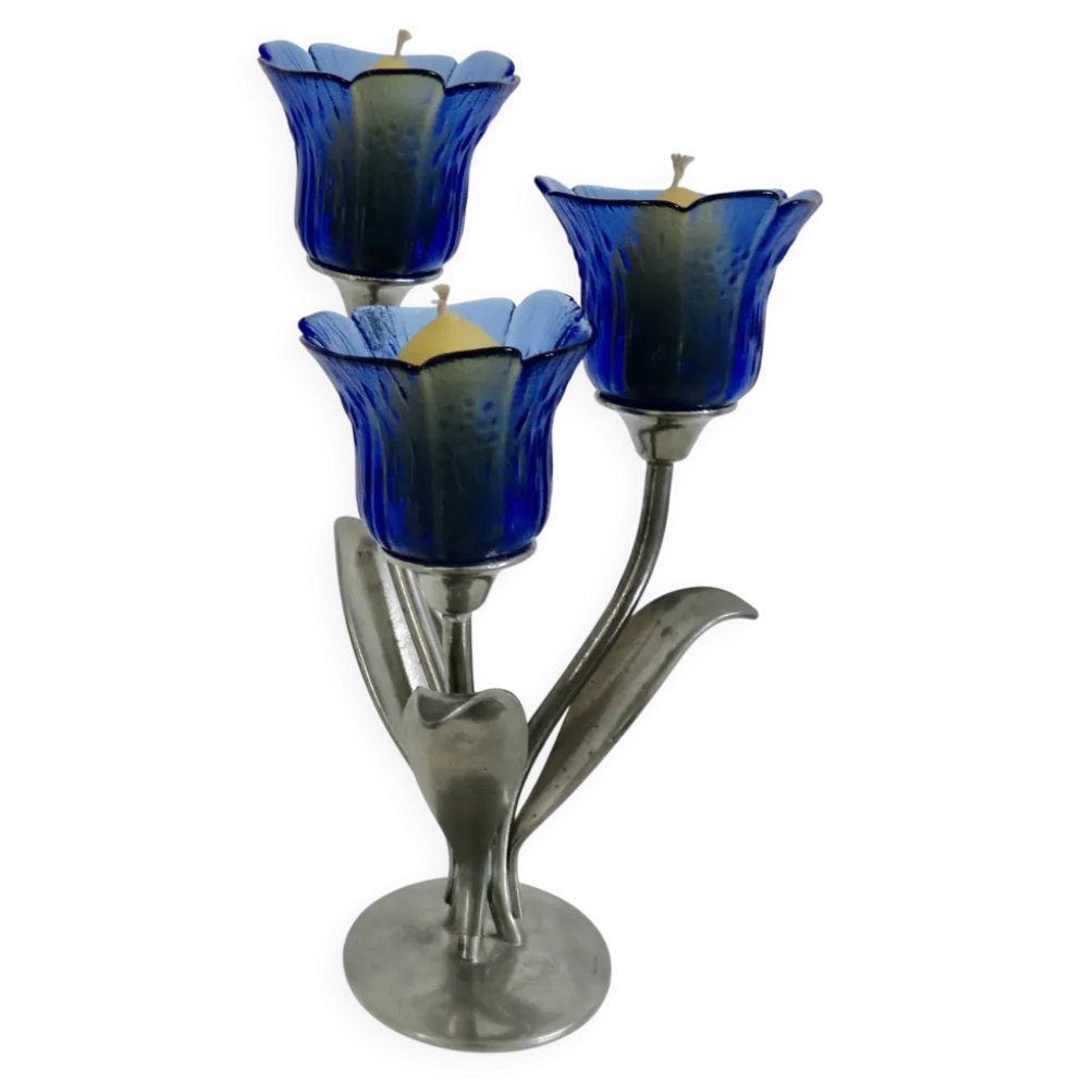 Bougeoir " Jean Goardere " en étain et verre 1970