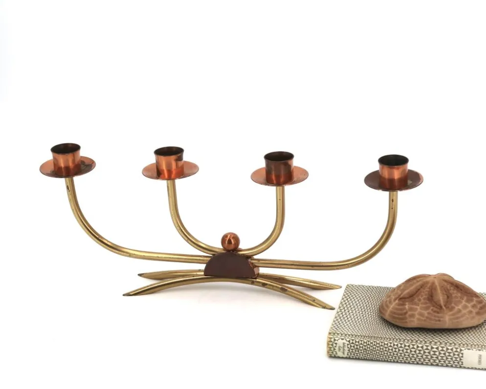 Bougeoir Scandinave à quatre branches en cuivre et laiton, années 50