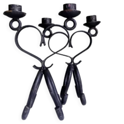2 bougeoirs doubles brutalistes en fer forgé main. Folk art 1960