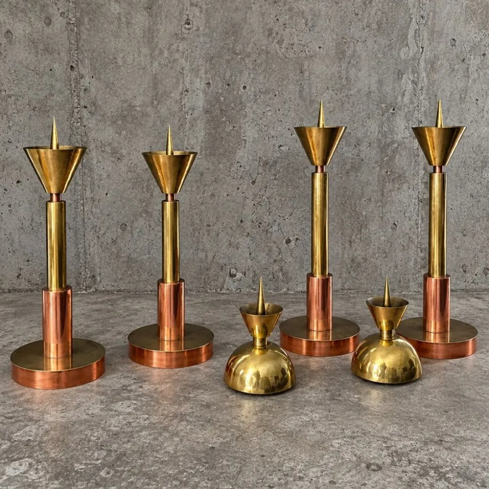 4 bougeoirs postmodernes cuivre et laiton, années 1970