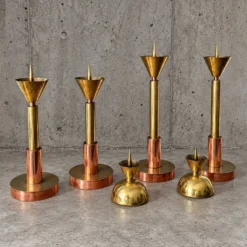 4 bougeoirs postmodernes cuivre et laiton, années 1970