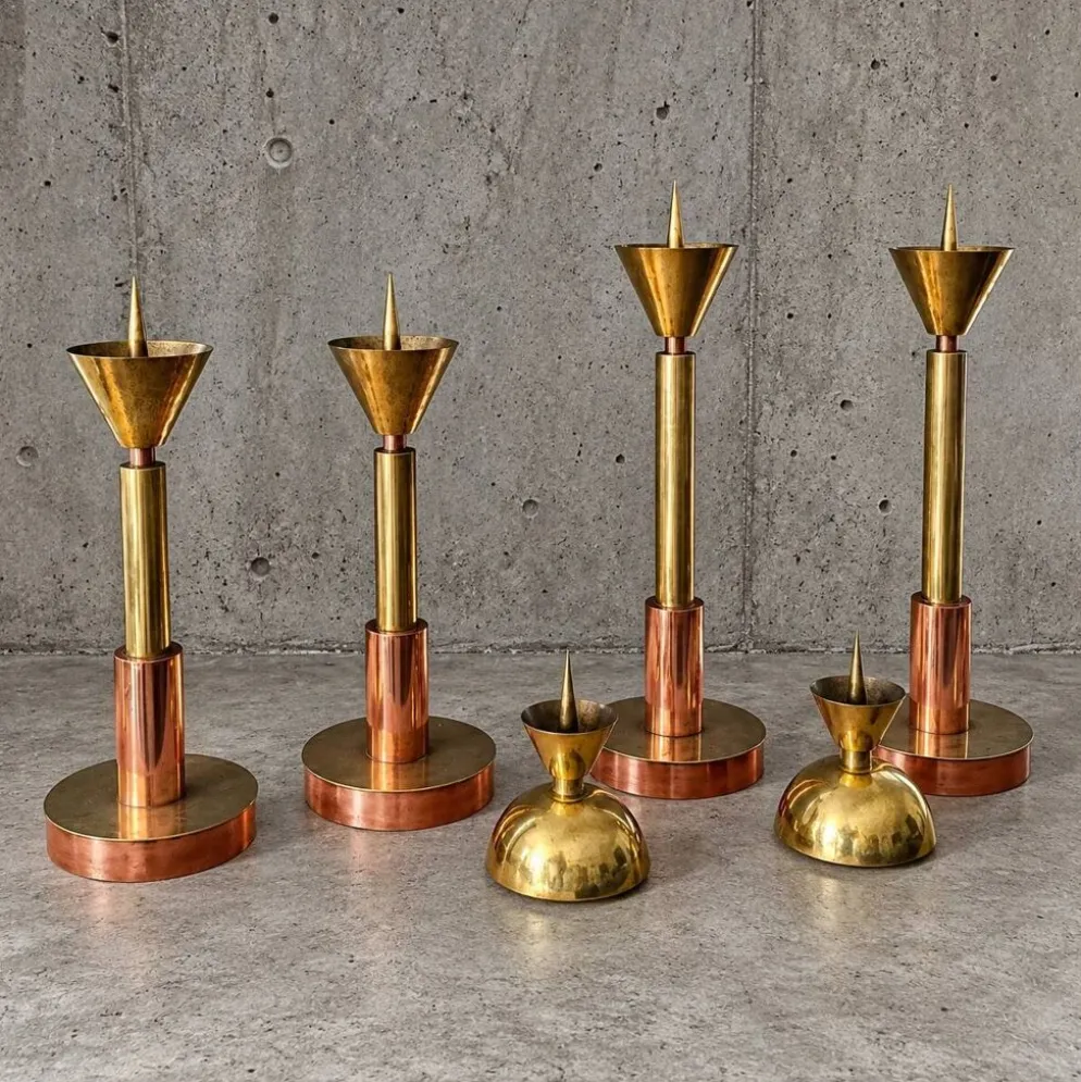 4 bougeoirs postmodernes cuivre et laiton, années 1970