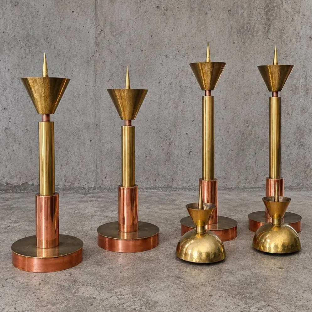 4 bougeoirs postmodernes cuivre et laiton, années 1970