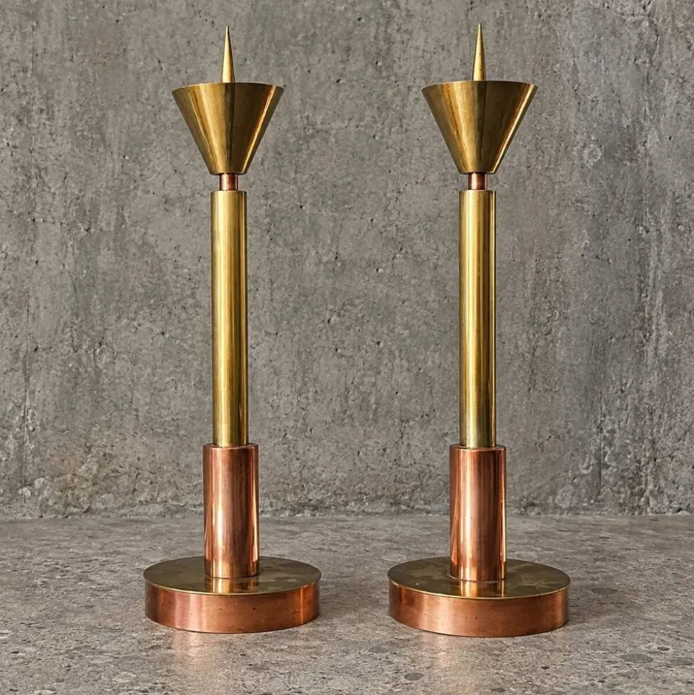 4 bougeoirs postmodernes cuivre et laiton, années 1970