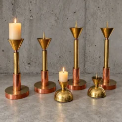 4 bougeoirs postmodernes cuivre et laiton, années 1970