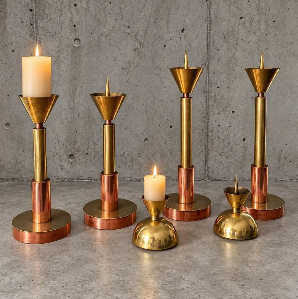 4 bougeoirs postmodernes cuivre et laiton, années 1970