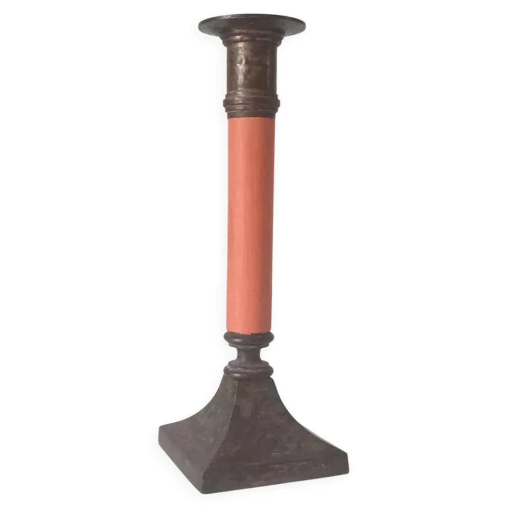 Bougeoir vintage en laiton massif doré et bois orangé