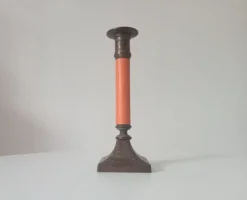 Bougeoir vintage en laiton massif doré et bois orangé