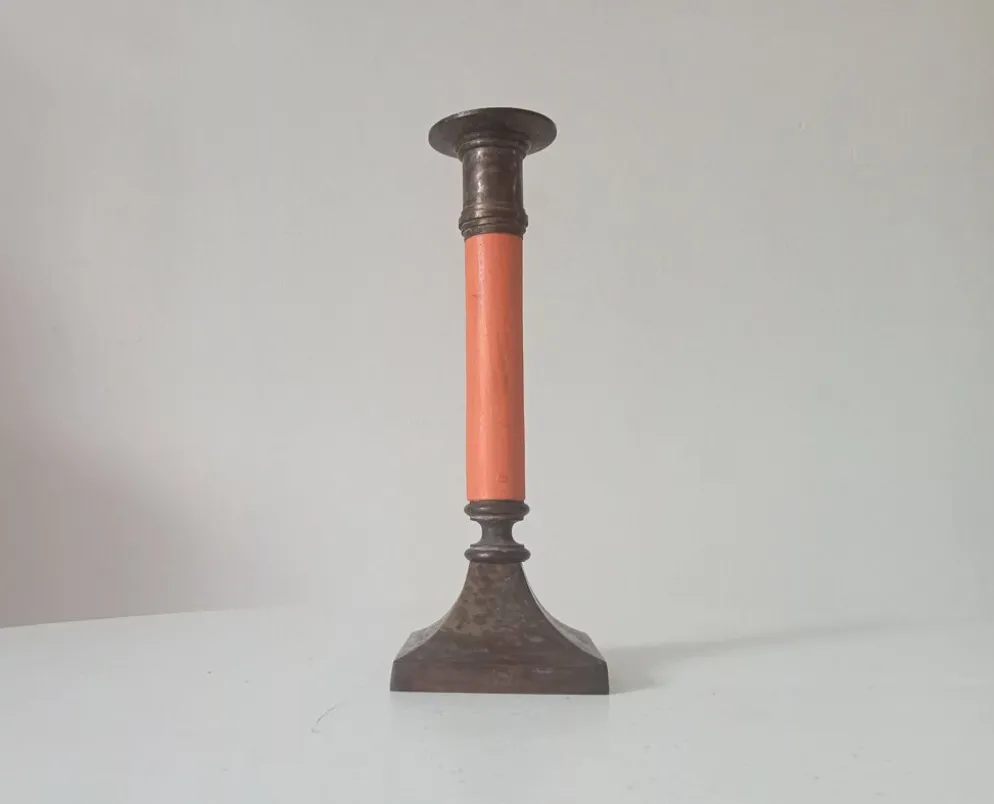 Bougeoir vintage en laiton massif doré et bois orangé