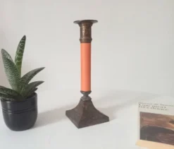 Bougeoir vintage en laiton massif doré et bois orangé