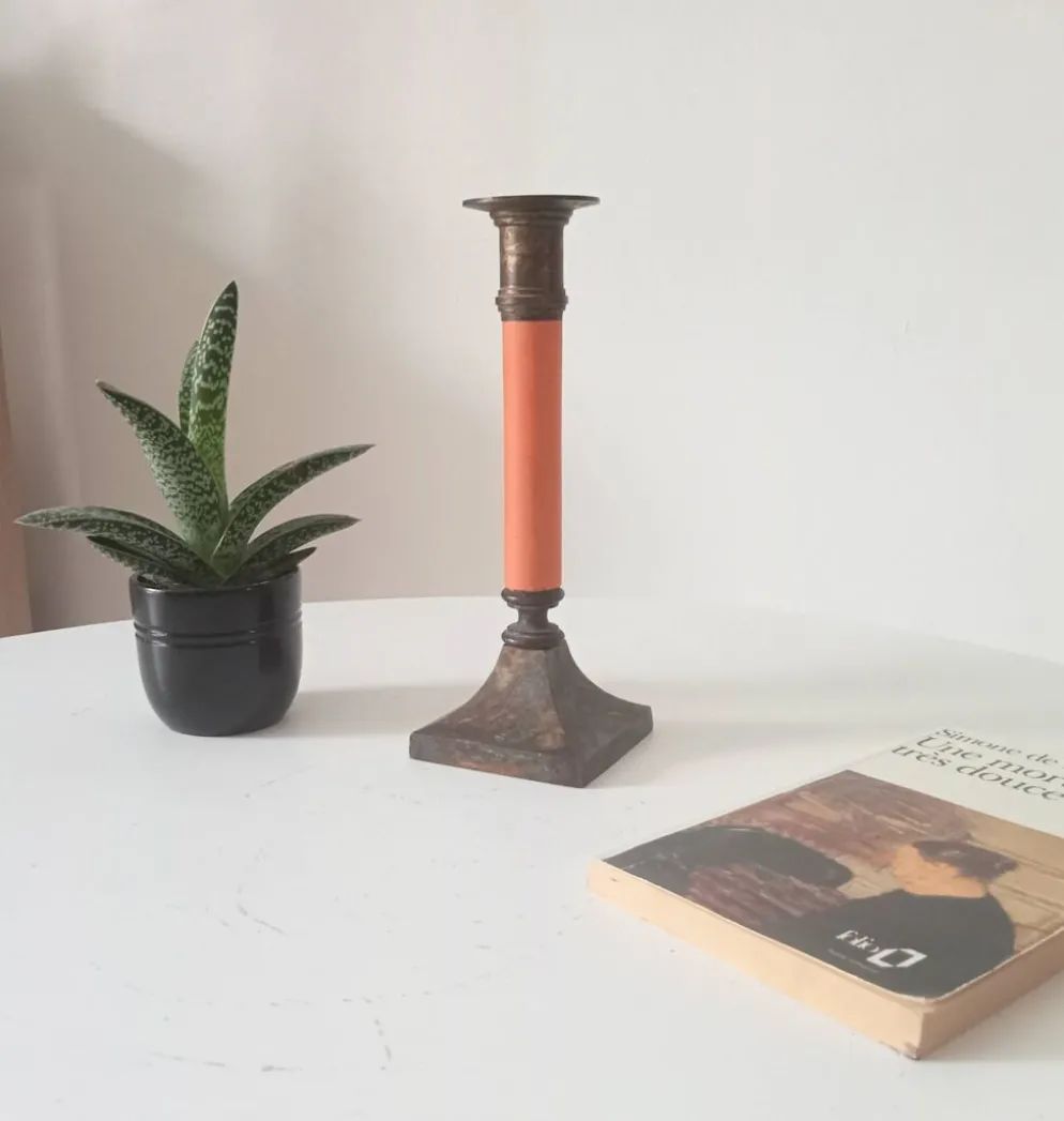 Bougeoir vintage en laiton massif doré et bois orangé
