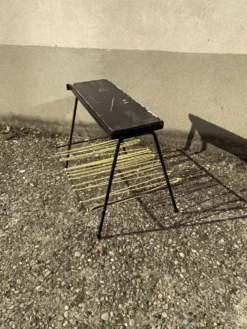 Bout de canapé vintage porte revue tablette bois scoubidou et support lampe