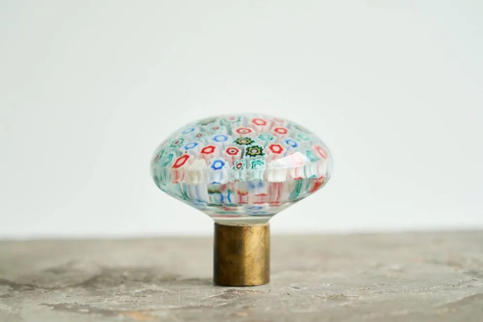 Bouton de porte Millefiori en verre d'art de Murano et laiton patiné, années 1960
