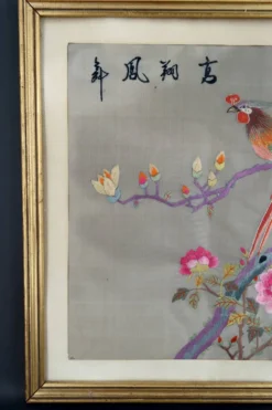 Broderie ancienne sous verre, Couple d'Oiseaux, Soie, Chine, Début XXe