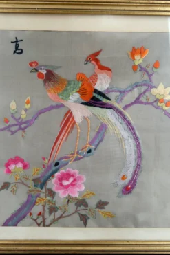 Broderie ancienne sous verre, Couple d'Oiseaux, Soie, Chine, Début XXe