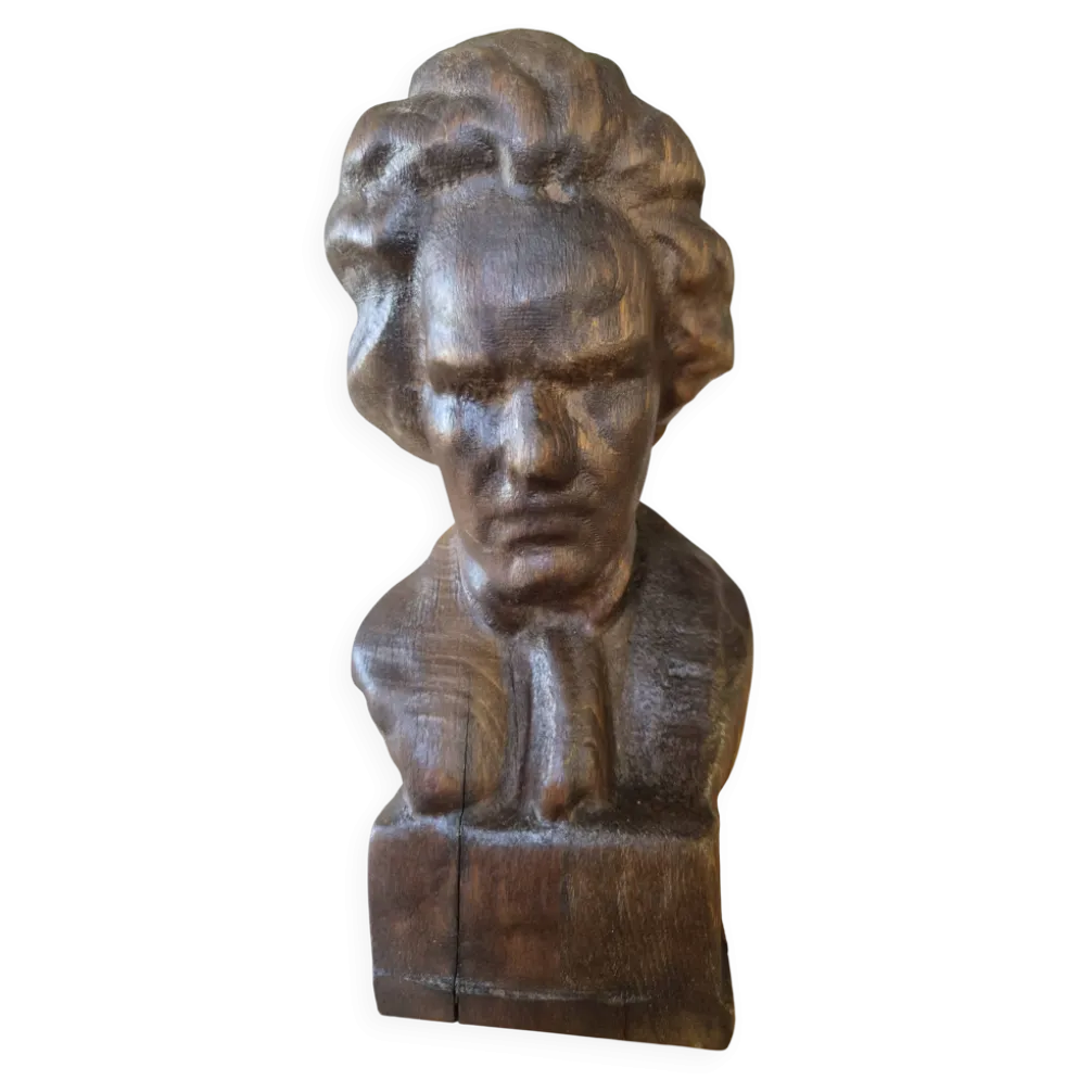Buste de Beethoven sculpté en bois - statue vintage