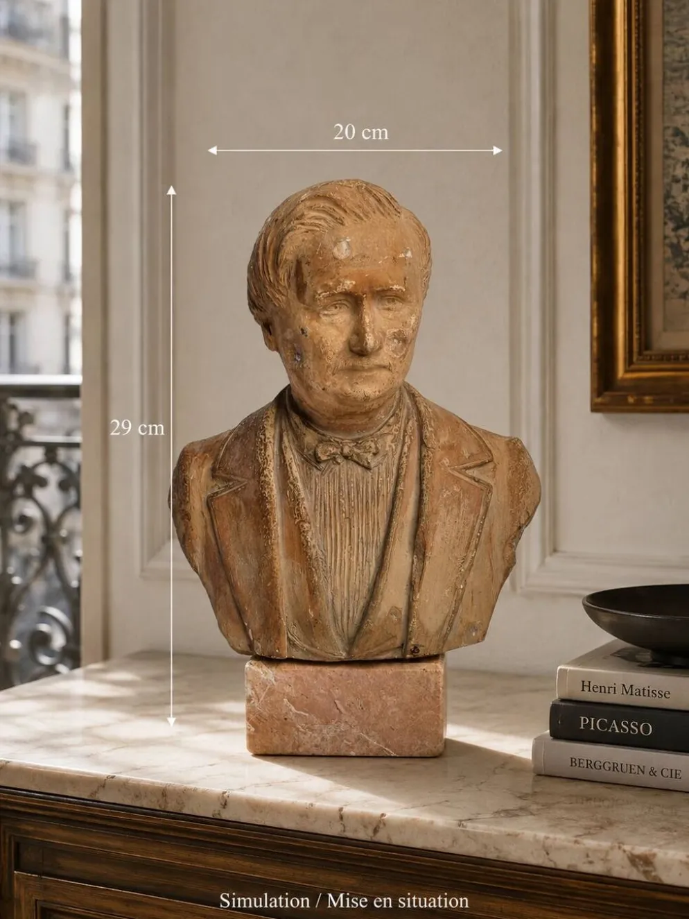 Buste de notable en terre cuite 29 cm, signé Pasquet, 1870, sur socle