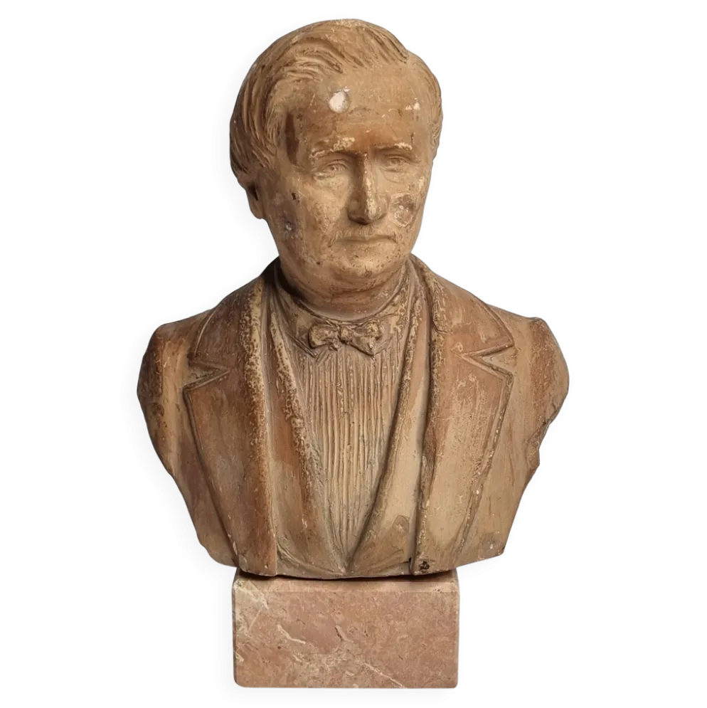 Buste de notable en terre cuite 29 cm, signé Pasquet, 1870, sur socle