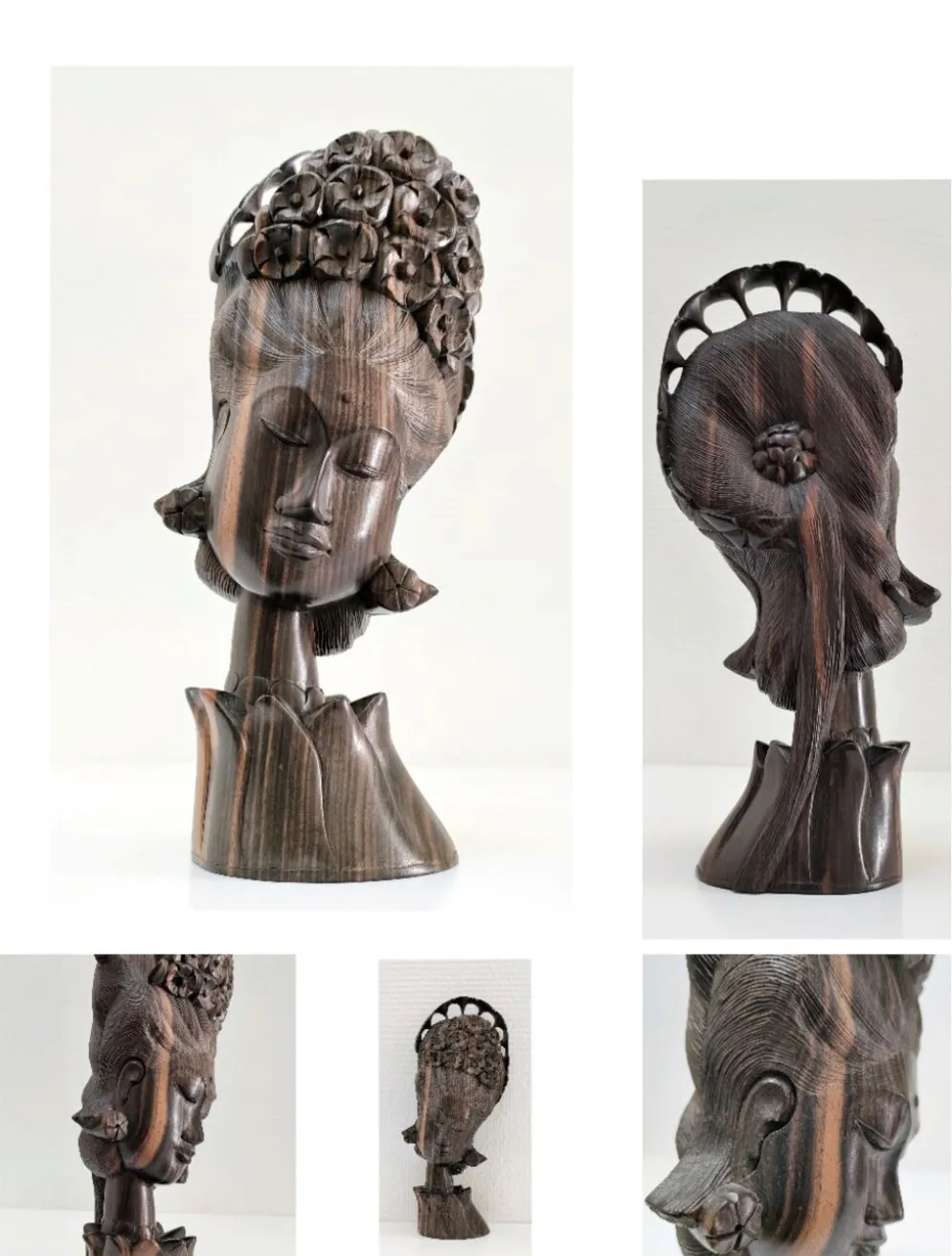 Buste en bois de femme à coiffe florale travail sculptural des années 60-70