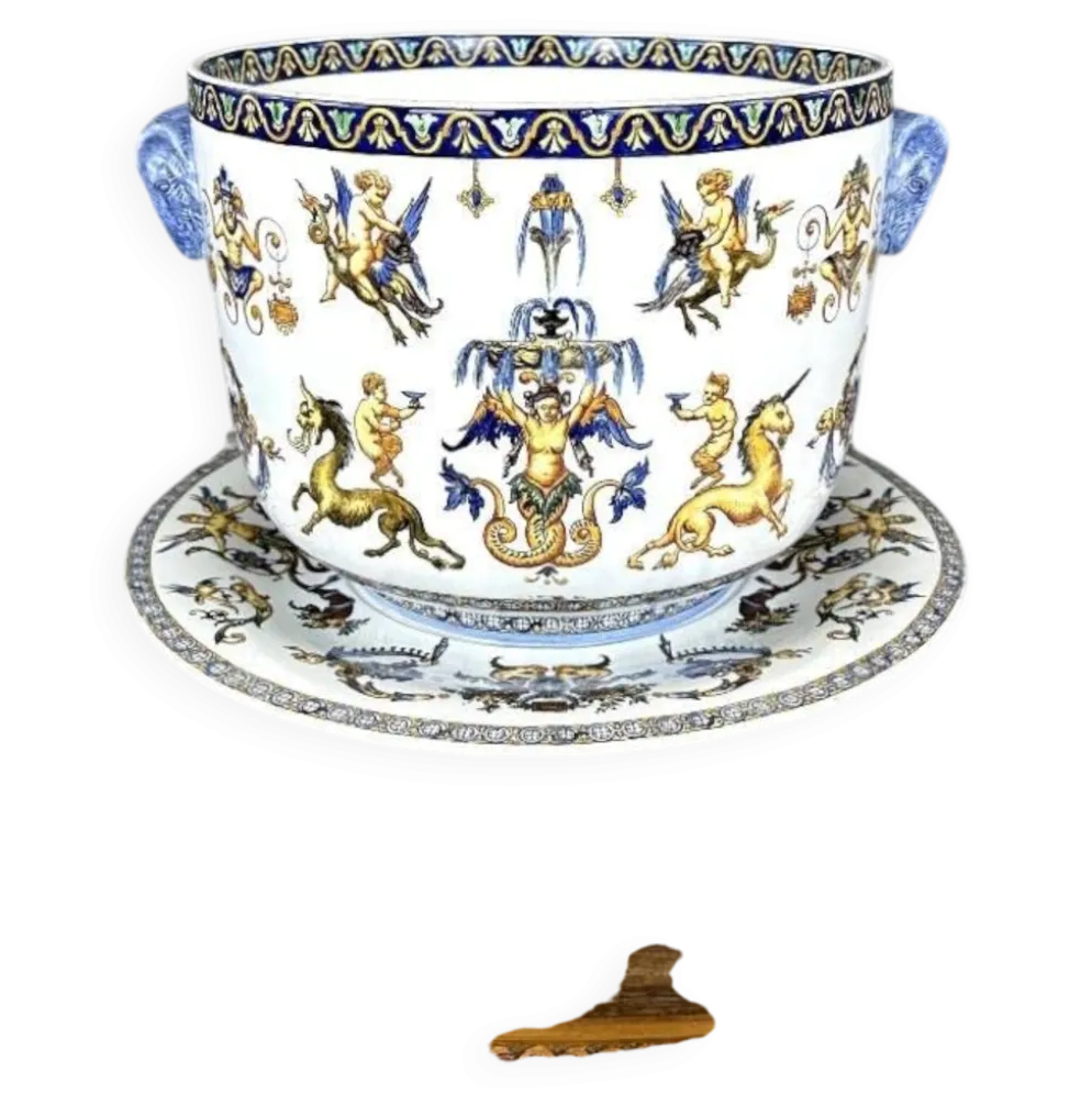Cache-pot et son présentoir Gien, Collection Renaissance, XXe Siècle