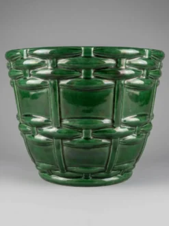 Cache-pot, jardinière Art Déco Saint-Clément signé Blanche Letalle en céramique émaillée vert malachite