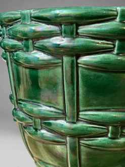 Cache-pot, jardinière Art Déco Saint-Clément signé Blanche Letalle en céramique émaillée vert malachite