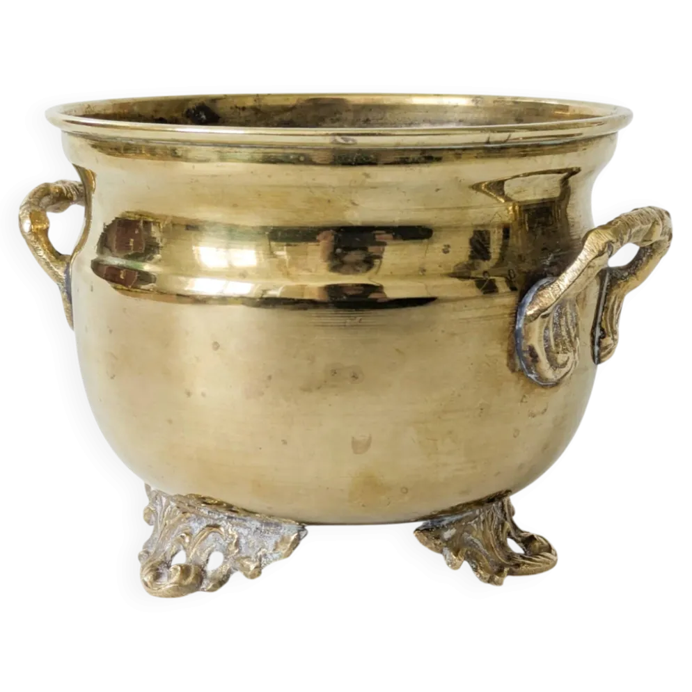 Cache-pot vintage en laiton sur pieds avec anses