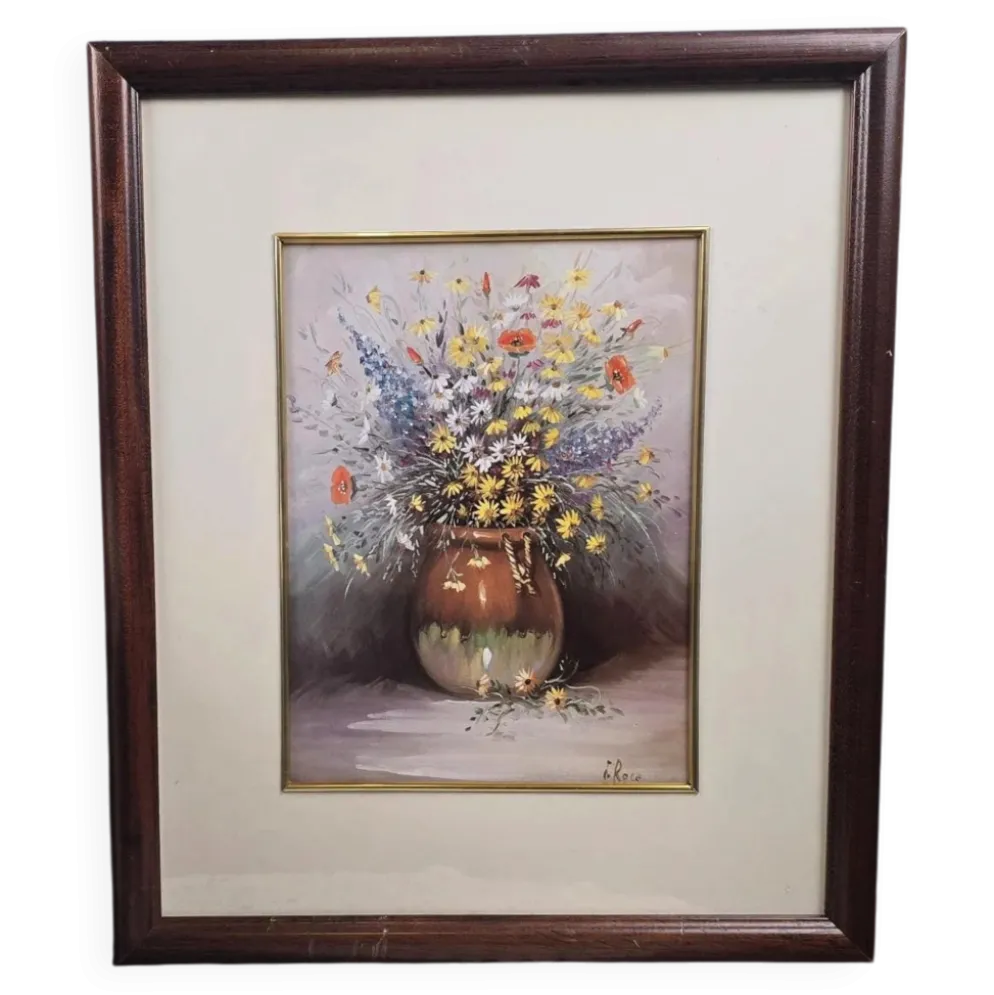 Cadre vintage bouquet de fleurs signé Roca – Impression décorative sous verre
